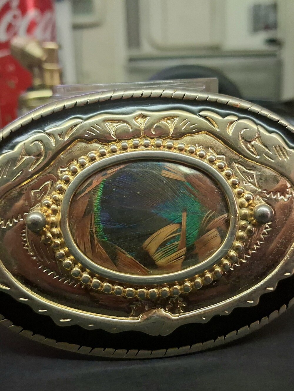 Vintage Western Belt Buckle Real Peacock Pheasant Feathers Black Enamel Gold US